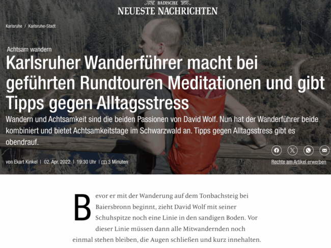Presseartikel über mein Angebot Wandern und Achtsamkeit im Schwarzwald