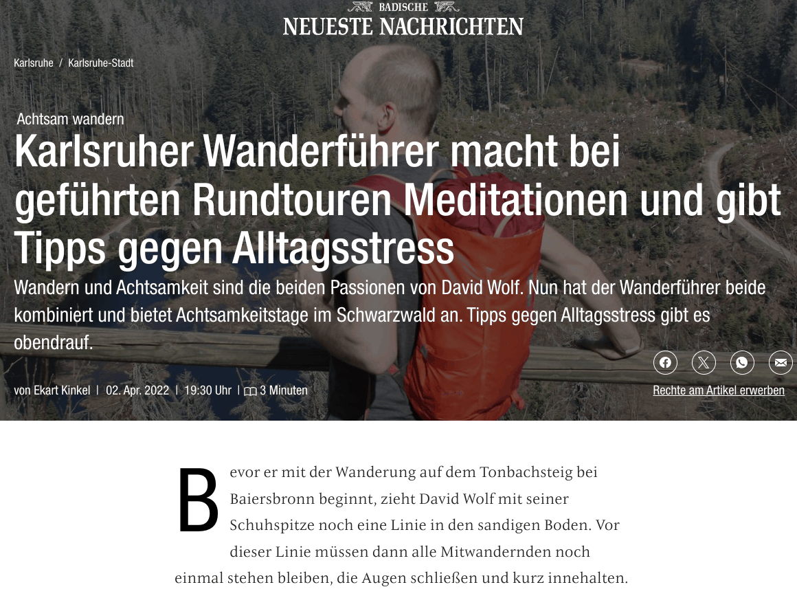 Presseartikel über mein Angebot Wandern und Achtsamkeit im Schwarzwald